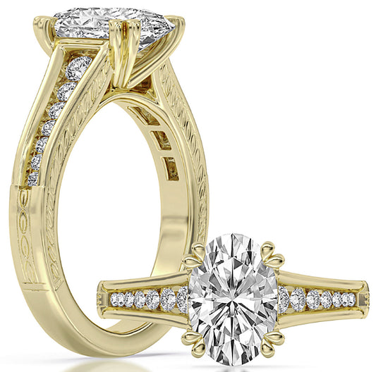 18k Yellow Gold Carved Engagement Ring Set With Certified TrueNorth 100 Facet Lab-Grown Diamond 2.5 ct Oval Center