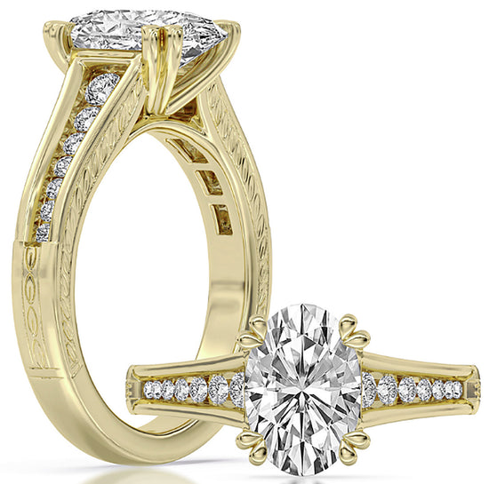 18k Yellow Gold Carved Engagement Ring Set With Certified TrueNorth 100 Facet Lab-Grown Diamond 2.5 ct Oval Center