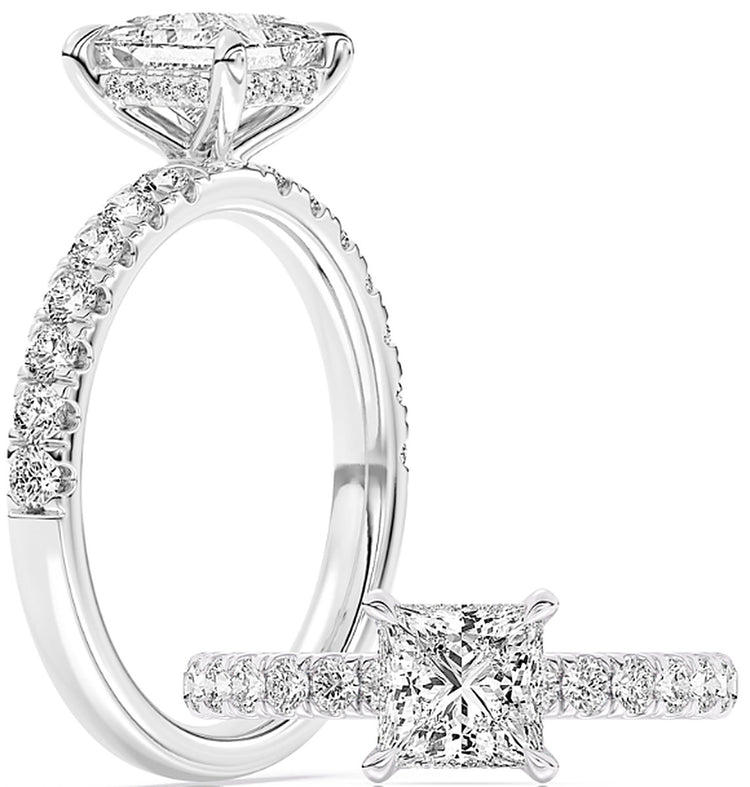 14k White Gold Halo Engagement Ring Set With Certified TrueNorth 100 Facet Lab-Grown Diamond 1.5 ct Princess Center