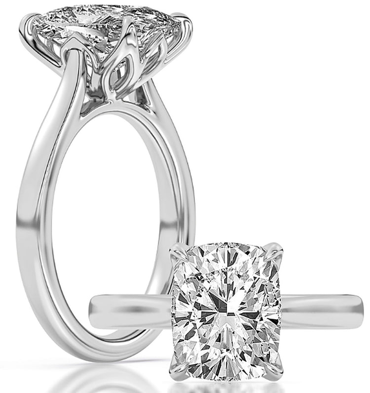 14k White Gold Elevated Solitaire Engagement Ring Set With Certified TrueNorth 100 Facet Lab-Grown Diamond 3 ct Elongated Cushion Center