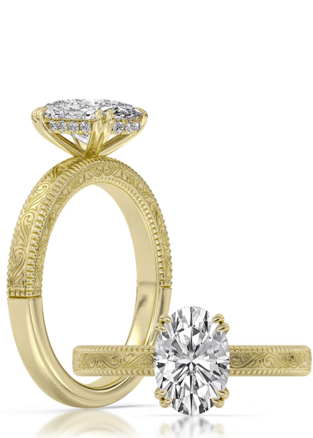 14k Yellow Gold Pattern Engagement Ring Set With Certified TrueNorth 100 Facet Lab-Grown Diamond 2.13 ct Oval Center