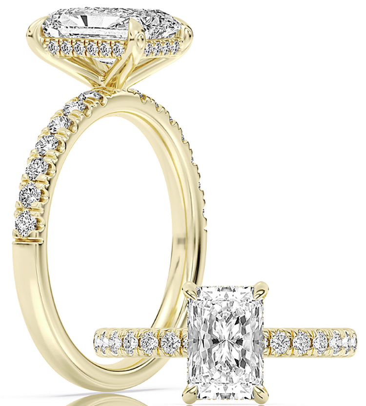14k Yellow Gold Hidden Halo With Diamond Shank Engagement Ring Set With Certified TrueNorth 100 Facet Lab-Grown Diamond 2 ct Radiant Center