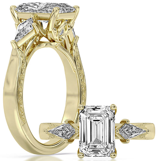 18k Yellow Gold Carved Engagement Ring Set With Certified TrueNorth 100 Facet Lab-Grown Diamond 3 ct Emerald Center