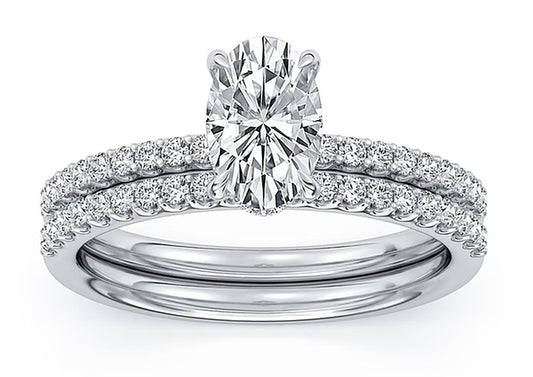 14k White Gold Bridal Set With Certified TrueNorth 100 Facet Lab-Grown Diamond 2 ct Oval Center