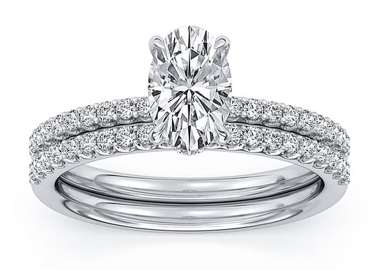 14k White Gold Bridal Set With Certified TrueNorth 100 Facet Lab-Grown Diamond 2 ct Oval Center