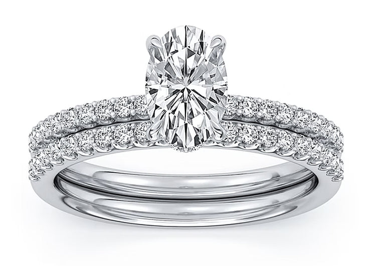 14k White Gold Bridal Set With Certified TrueNorth 100 Facet Lab-Grown Diamond 2 ct Oval Center