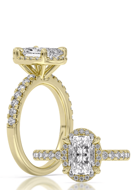 14k Yellow Gold Halo Engagement Ring Set With Certified TrueNorth 100 Facet Lab-Grown Diamond 2.05 ct Radiant Center