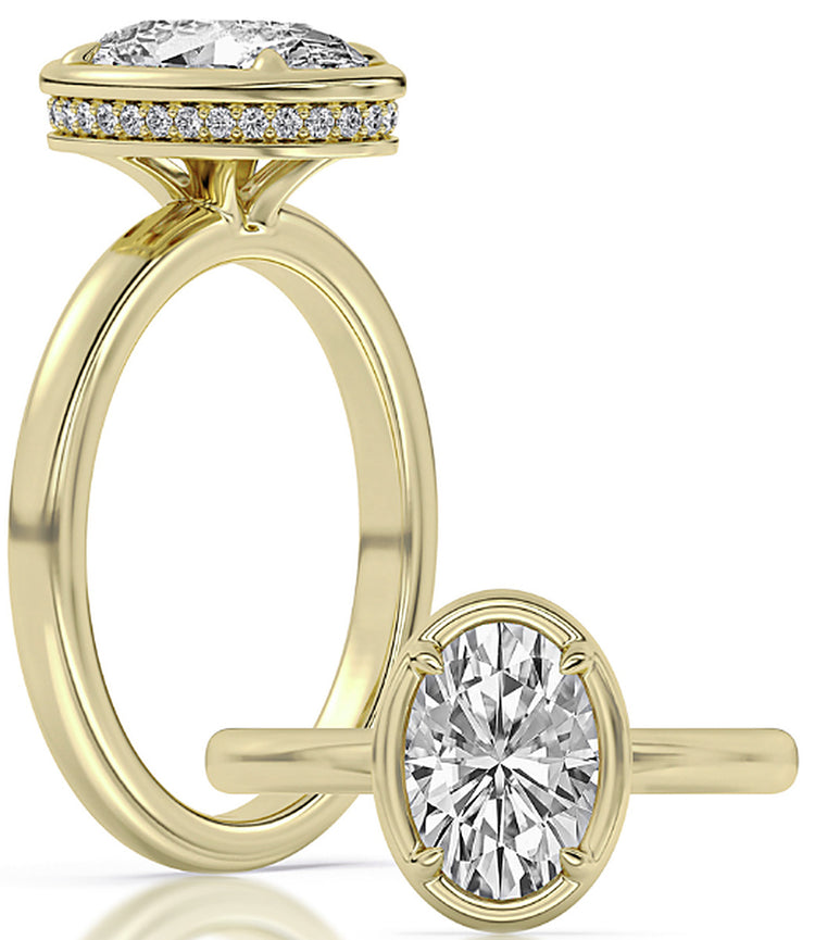 14k Yellow Gold Hidden Halo Engagement Ring Set With Certified TrueNorth 100 Facet Lab-Grown Diamond 2 ct Oval Center