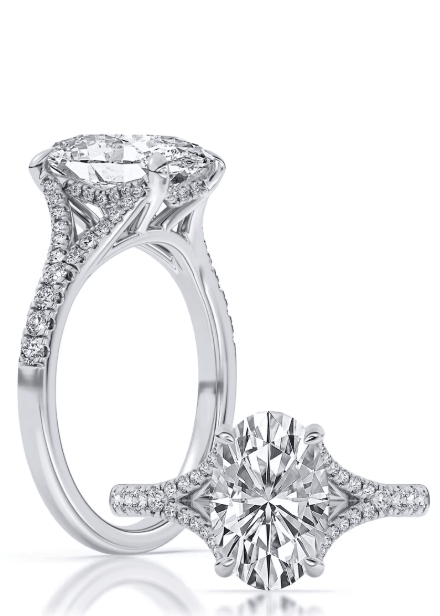 14k Yellow Gold Split Shank Hidden Halo Engagement Ring Set With Certified TrueNorth 100 Facet Lab-Grown Diamond 3.10 ct Oval Center