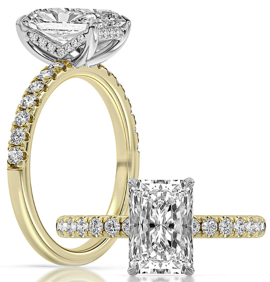14k Yellow And White Gold Tulip Profile Engagement Ring Set With Certified TrueNorth 100 Facet Lab-Grown Diamond 2.5 ct Radiant Center