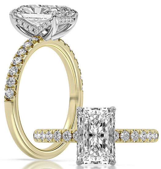 14k Yellow And White Gold Tulip Profile Engagement Ring Set With Certified TrueNorth 100 Facet Lab-Grown Diamond 2.5 ct Radiant Center