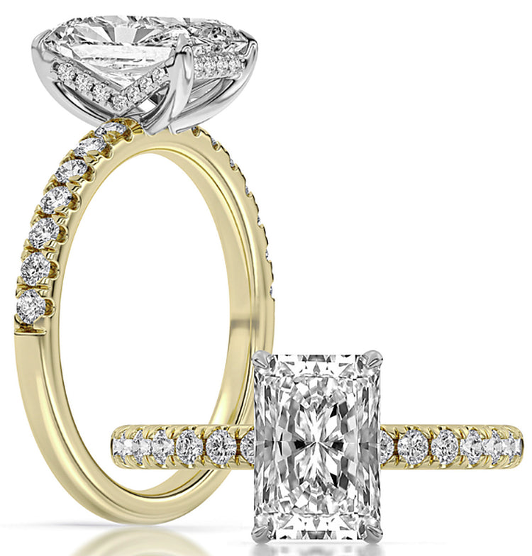 14k Yellow And White Gold Tulip Profile Engagement Ring Set With Certified TrueNorth 100 Facet Lab-Grown Diamond 2.5 ct Radiant Center