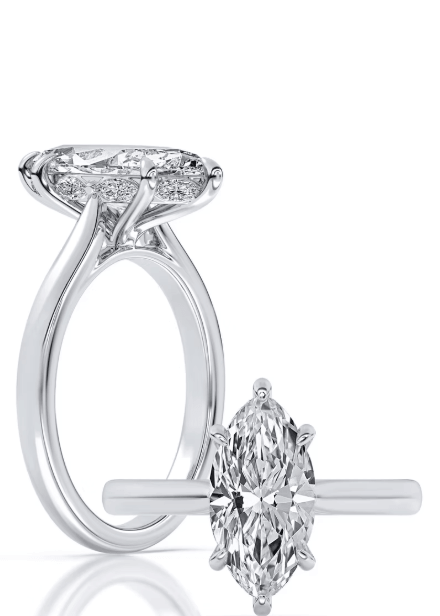 14k Yellow Gold 6-Prong Hidden Halo Engagement Ring Set With Certified TrueNorth 100 Facet Lab-Grown Diamond 2.50 ct Marquise Center