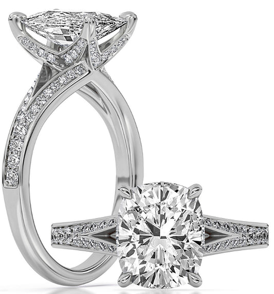 14k White Gold Split Shank Engagement Ring Set With Certified TrueNorth 100 Facet Lab-Grown Diamond 3 ct Elongated Cushion Center
