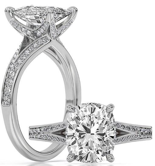14k White Gold Split Shank Engagement Ring Set With Certified TrueNorth 100 Facet Lab-Grown Diamond 3 ct Elongated Cushion Center
