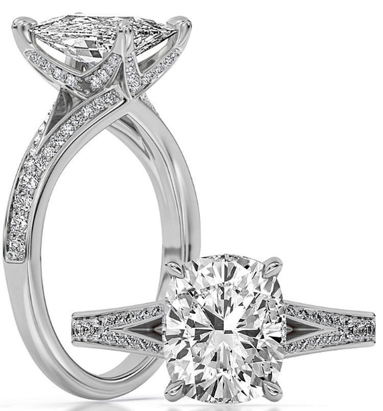 14k White Gold Split Shank Engagement Ring Set With Certified TrueNorth 100 Facet Lab-Grown Diamond 3 ct Elongated Cushion Center