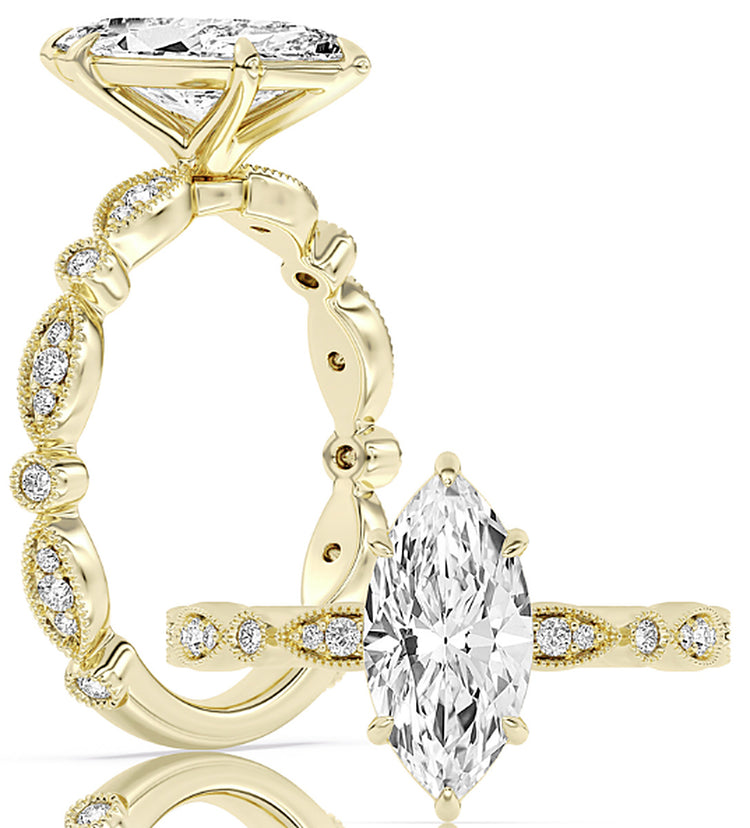 14k Yellow Gold Vintage Milgrain Bridal Set With Certified TrueNorth 100 Facet Lab-Grown Diamond 2.5 ct Marquise Center