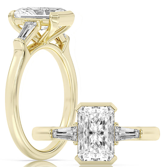 14k Yellow Gold Three-Stone Engagement Ring Set With Certified TrueNorth 100 Facet Lab-Grown Diamond 2 ct Radiant Center