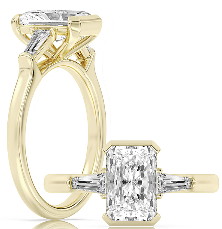 14k Yellow Gold Three-Stone Engagement Ring Set With Certified TrueNorth 100 Facet Lab-Grown Diamond 2 ct Radiant Center