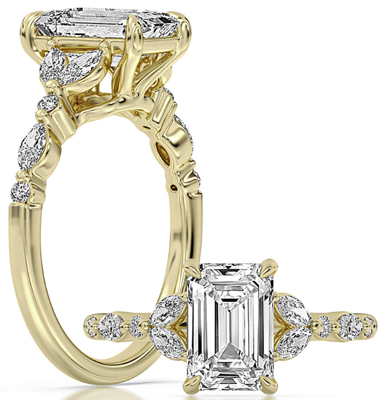 14k Yellow Gold Bridal Set With Certified TrueNorth 100 Facet Lab-Grown Diamond 2 ct Emerald Center