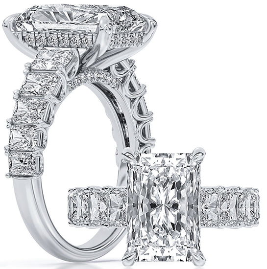 14k White Gold Statement Engagement Ring Set With Certified TrueNorth 100 Facet Lab-Grown Diamond 5 ct Radiant Center, 7.36 ct Total Weight