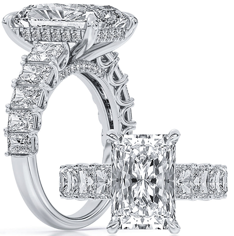 14k White Gold Statement Engagement Ring Set With Certified TrueNorth 100 Facet Lab-Grown Diamond 5 ct Radiant Center, 7.36 ct Total Weight