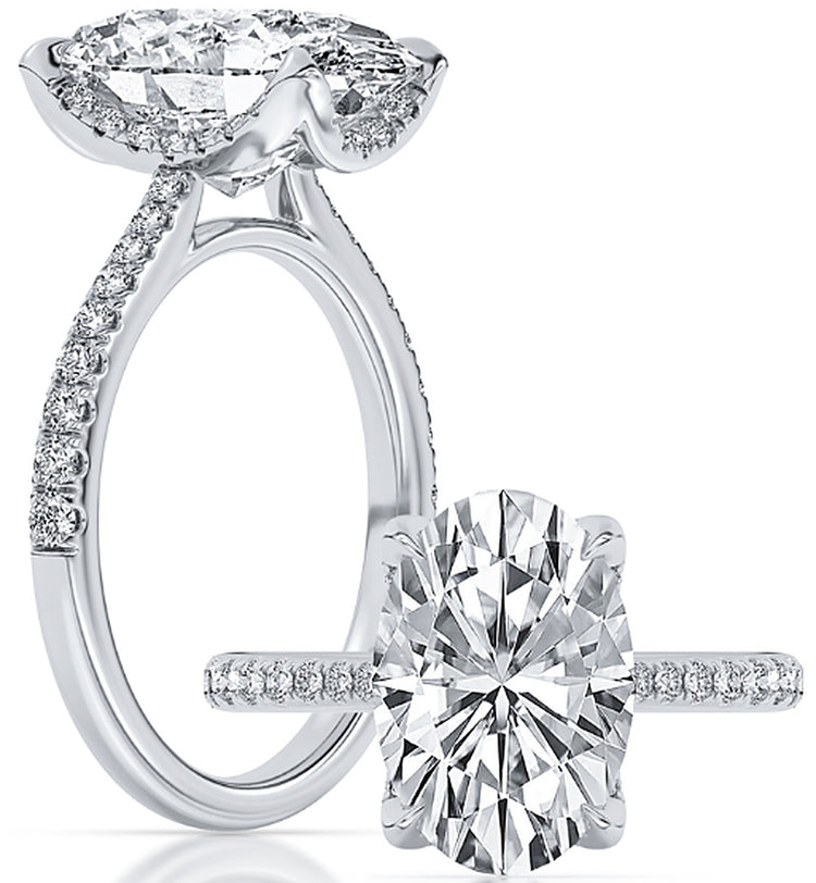 14k White Gold Statement Engagement Ring Set With Certified TrueNorth 100 Facet Lab-Grown Diamond 5 ct Oval Center, 5.37 ct Total Weight