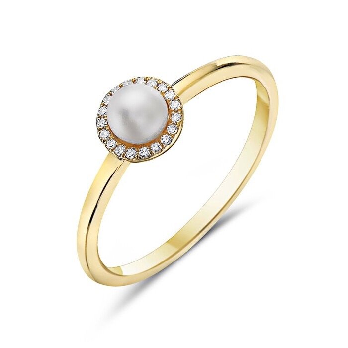14K Yellow Gold Pearl Diamond Halo Ring, 0.05 CTW