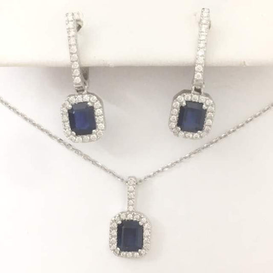 14K White Gold Sapphire and Diamond Jewelry Set, 1.95 CTW Sapphires with 0.29 CTW Diamonds