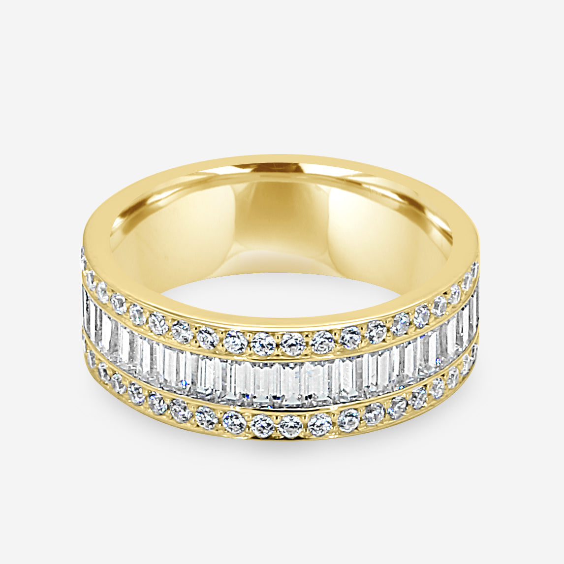 Yellow gold diamond band with baguette and round diamonds