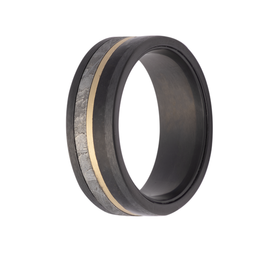 8MM Zirconium Men's Band with Meteorite, 14K Gold & Megalodon Inlay