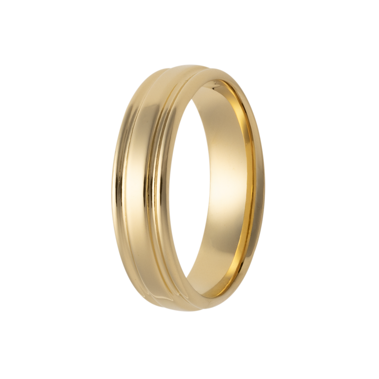 6MM Solid Gold Flat Grooved Edge Polished Men's Wedding Band