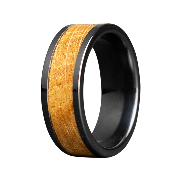 8MM Black Ceramic Men's Band with Whiskey Barrel Wood Inlay