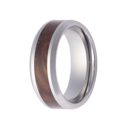 8MM Tungsten Men's Band with Red Burl Wood Inlay