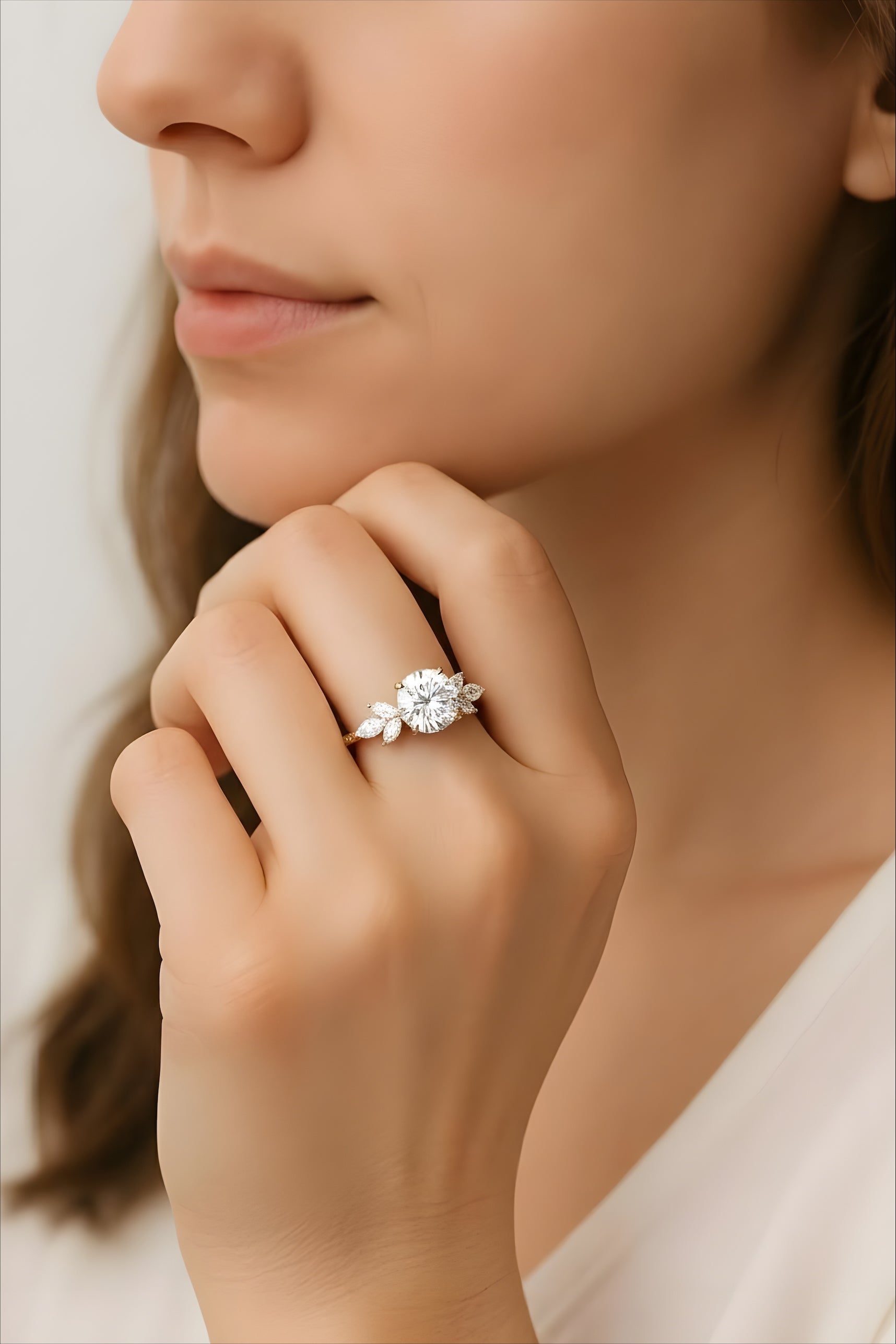 Diamond engagement ring with marquise accents worn on a hand