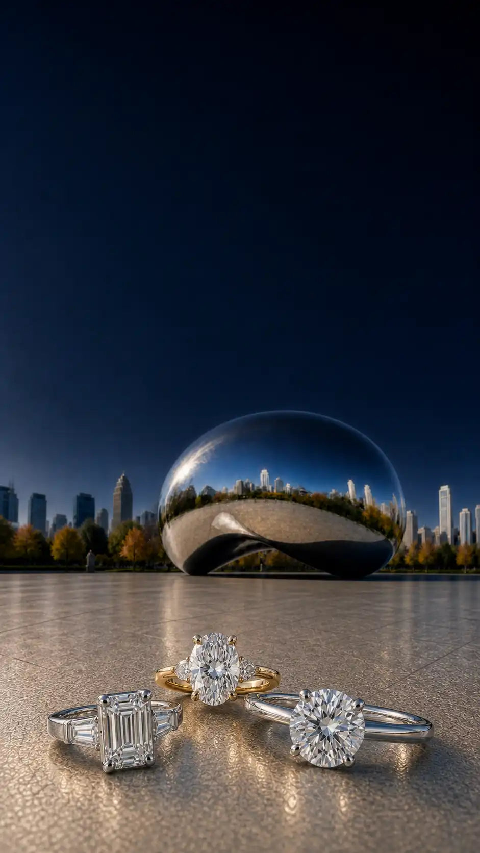 Diamond engagement rings with the Chicago Bean and skyline — Lustig Jewelers