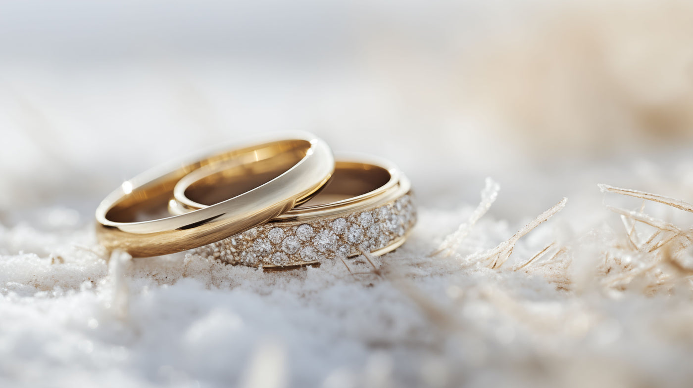 Two gold wedding bands, one plain and one pave-set with diamonds, resting in snow