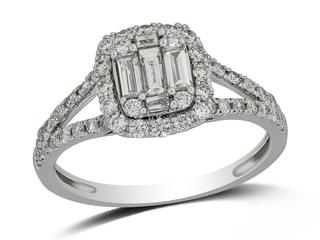 White gold diamond engagement ring with baguettes and rounds