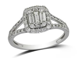 White gold diamond engagement ring with baguettes and rounds