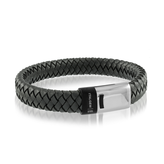 Stainless steel black leather bracelet
