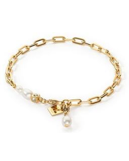 CDL gold plated stainless steel paper clip bracelet with pearls and Swarovski crystals