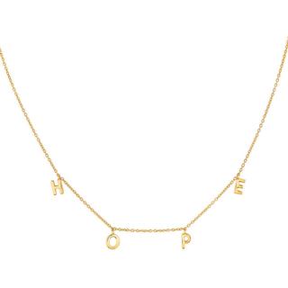 Yellow gold necklace with  HOPE in shiny block letters