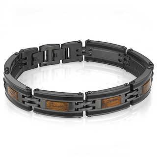 Gun metal and black  plated stainless steel link bracelet with wood inlay