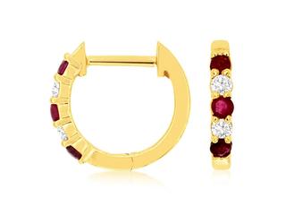Yellow gold ruby and diamond huggie hoops