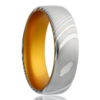 Men's Damascus steel band with gold color insert
