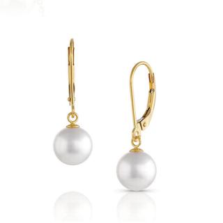 Yellow gold leverback pearl drop earrings