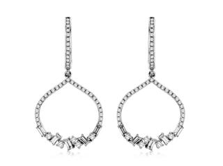 White gold diamond dangle earrings with baguette and rounds