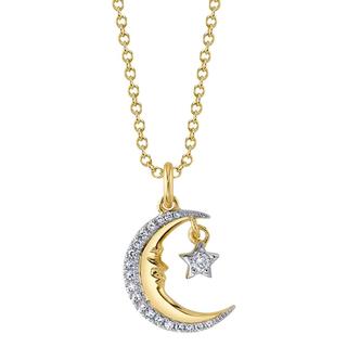 Yellow gold diamond moon and star necklace