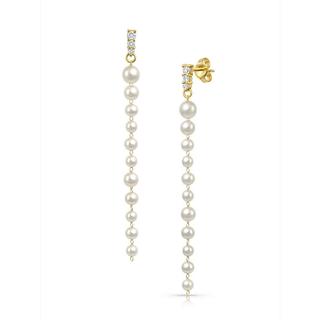 Yellow gold pearl dangle earrings with diamond accents