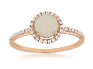 Rose gold diamond halo ring with cabachon opal center